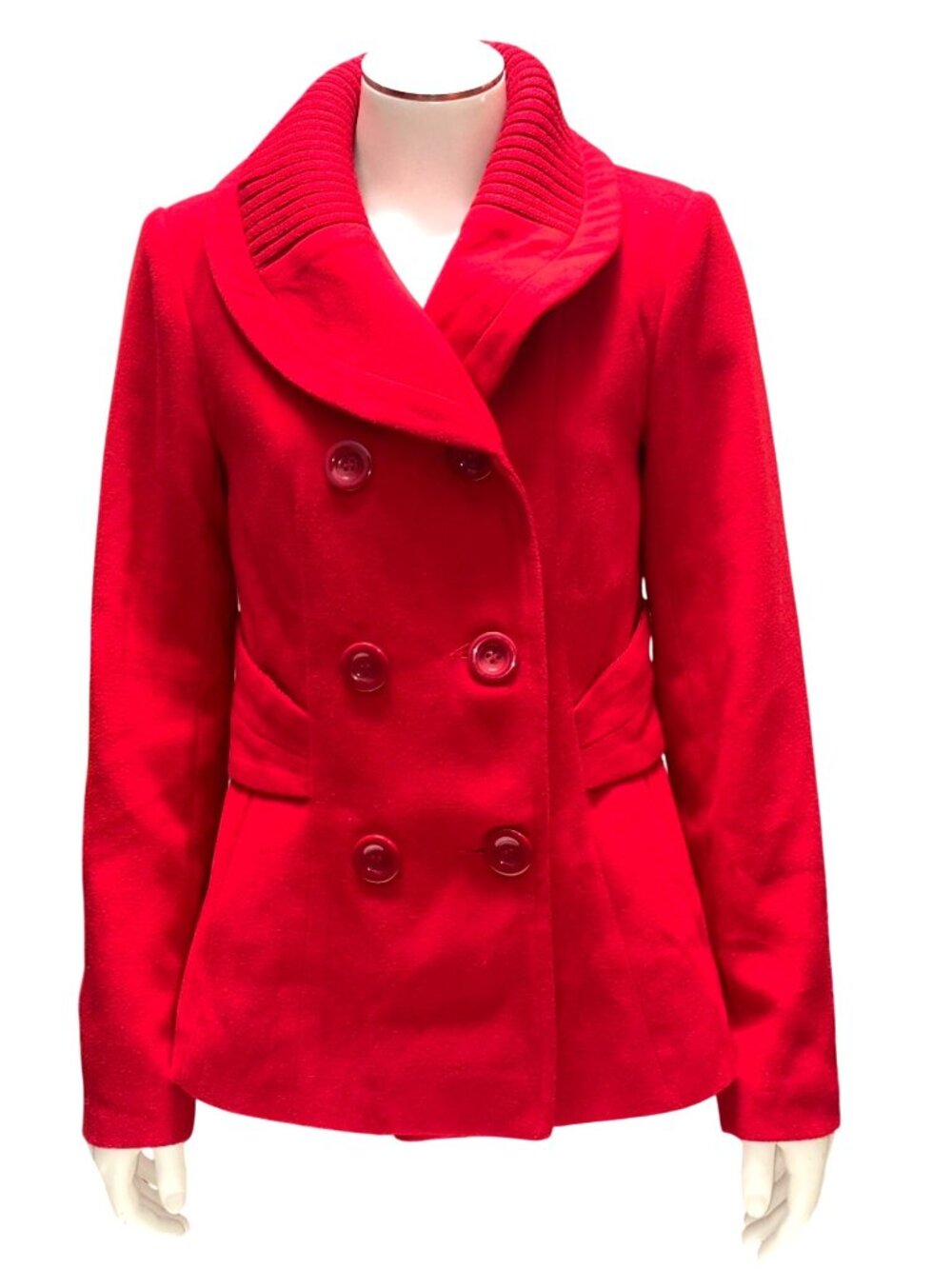 Forever 21 Size Small Red Peacoat Ribbed Shawl Collar Double Breasted Retro Chic - Picture 2 of 11
